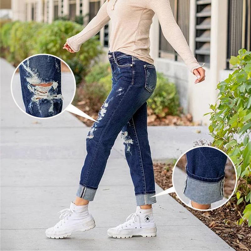 Jeans Desgastados con Control de Abdomen y Dobladillo Acampanado